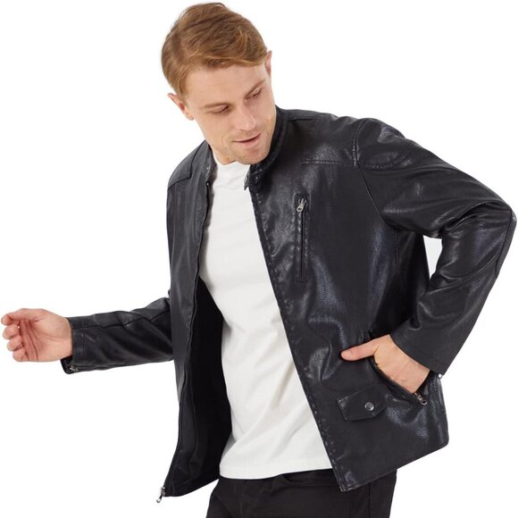 🆕 Men Black Stand Collar Leather Jacket Motorcycle Lightweight Faux Outwear - Picture 3 of 8